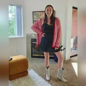 Red & White Herringbone Cardigan, Size XL